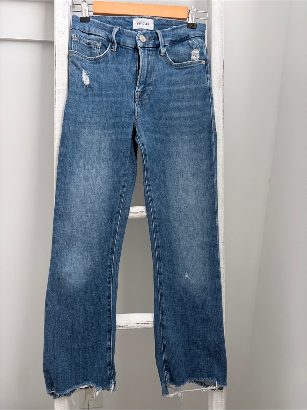 Frame Denim Blue Cropped Distressed Jeans